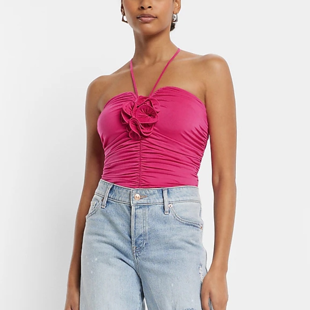 EXPRESS BODY Contour Halter Bodysuit Rosette Flower Ruched Fuchsia S
